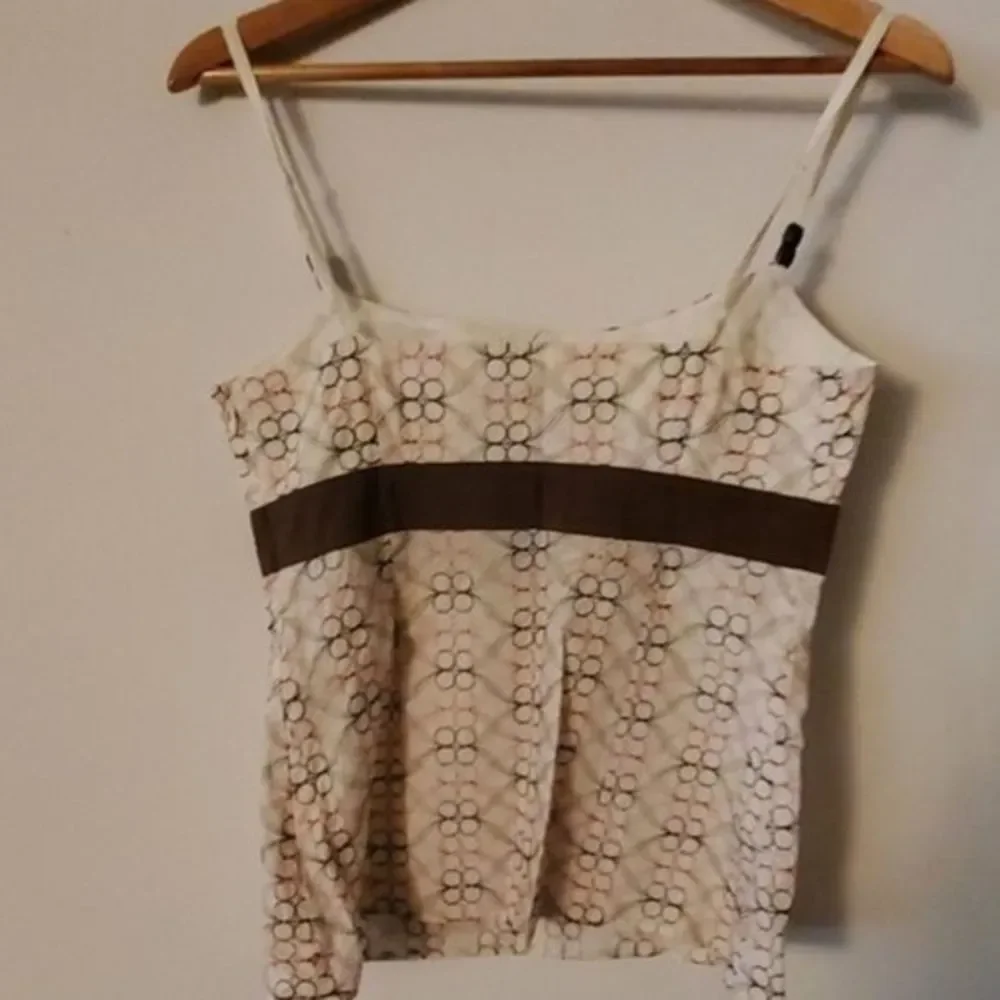 Ann‎ Taylor Loft Sleeveless Babydoll Blouse White Brown 4